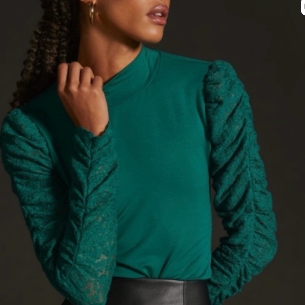 Anthropologie Teal Lace Sleeve Blouse